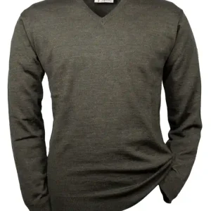 Bestpreis Hubertus Pullover V-Ausschnitt Merino, Oliv/Braun